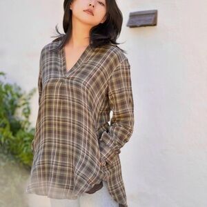 Dolma Jemima green Plaid V-Neck Women's Top pockets NWT